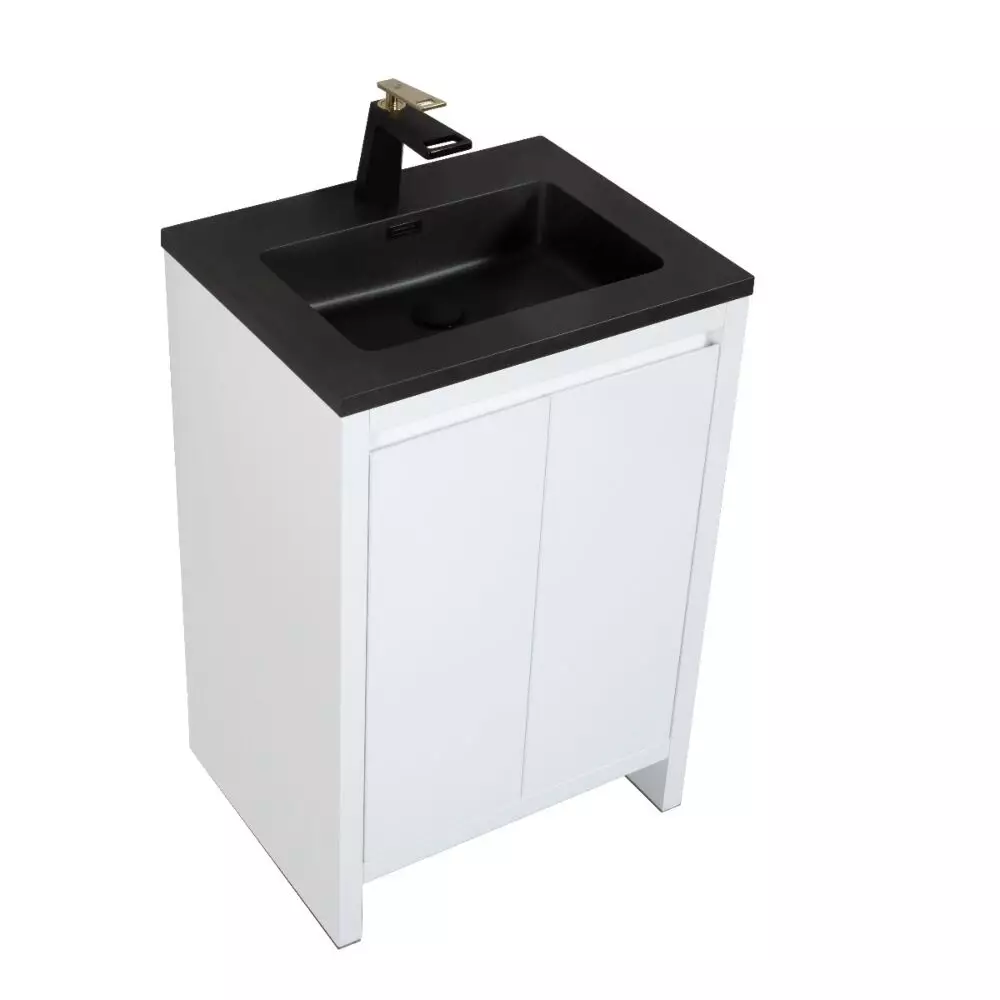 24" Glossy White Freestanding Bathroom Vanity w/ Black Engineered Quartz Countertop 