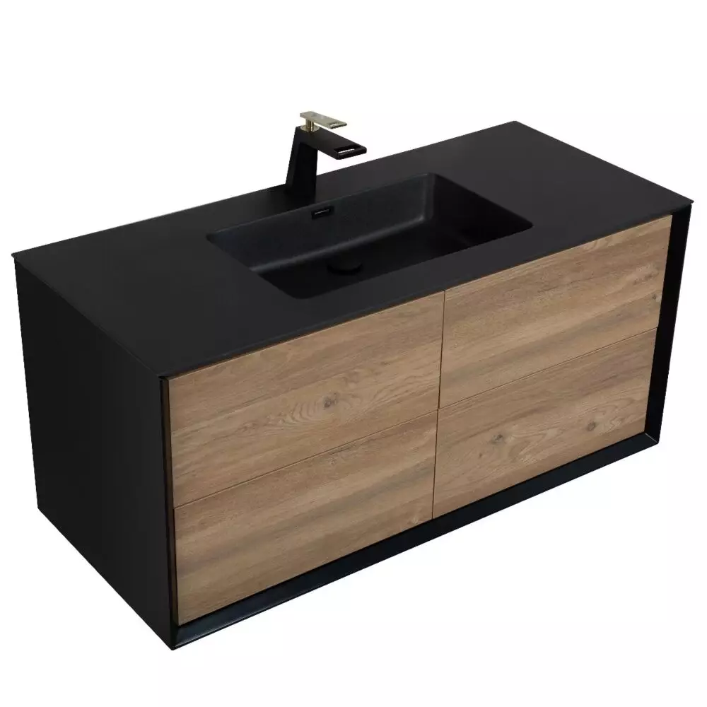 48" Black & Rough Oak Wall Mount Single Sink Bathroom Vanity w/ Black Engineered Quartz Countertop 