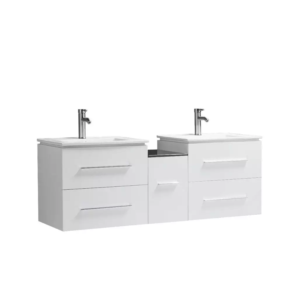 60" White Wall Mount Double Sink Bathroom Vanity w/ White Ceramic Countertop Jacob
